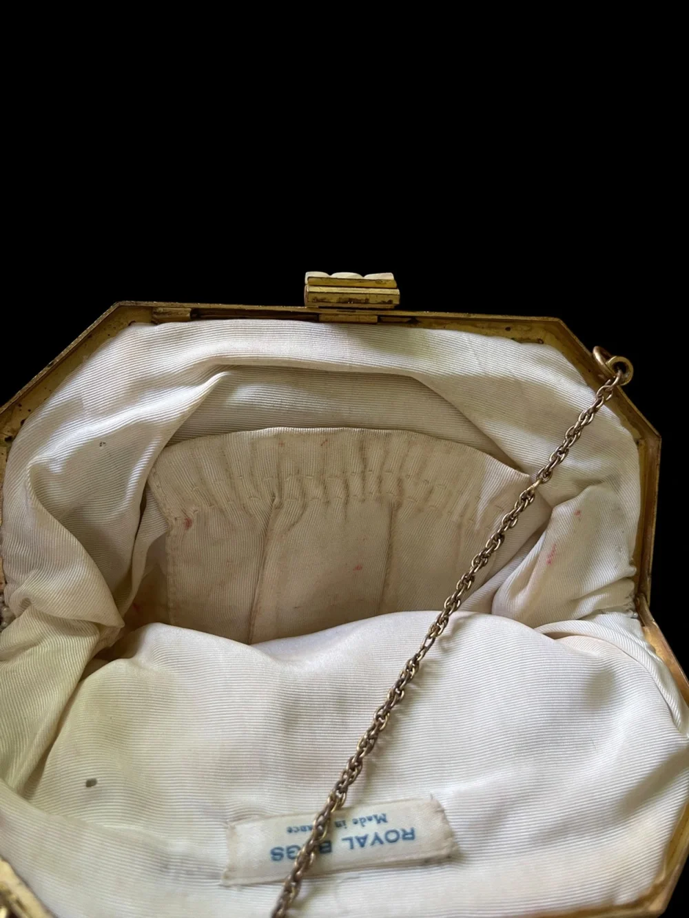Royal Bags Vintage Micro Beaded White Floral Clutch with Gold Chain Handle 1920s
